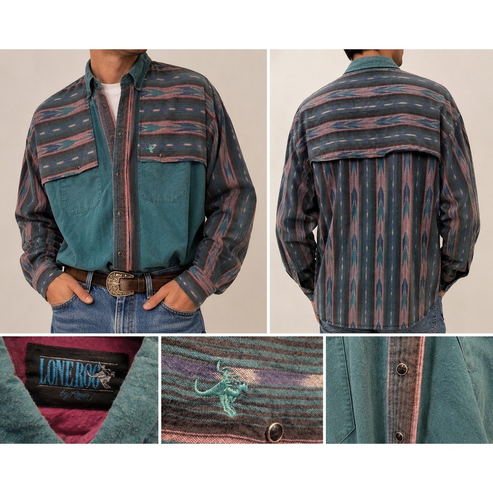 Vintage LoneRoc Southwestern Aztec Snap Button Western Shirt Teal Pink Men's...